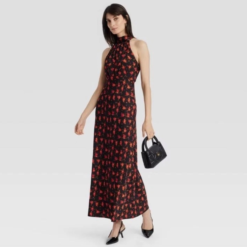 a new day A-Line High-Neck Halter w/ Bow Tie Floral Maxi Dress in Black & Red